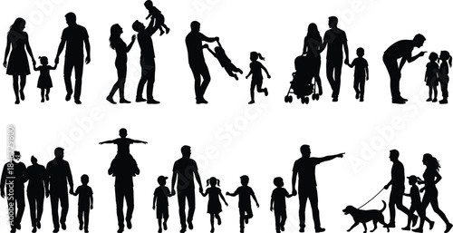 Family silhouette set, parents and children bonding, walking, playing, stroller, dog, black vector, isolated, stock illustration