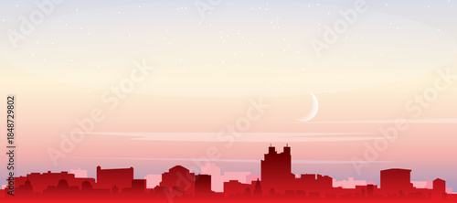 Red panoramic poster of the city skyline with misty background buildings, sunrise, moon and clouds of BELO HORIZONTE, BRAZIL
