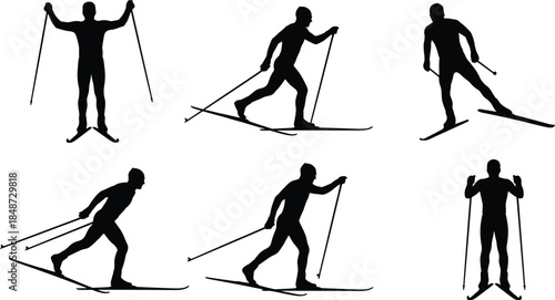 Cross-country skiing silhouette set, skier in motion, winter sport poses, black vector, isolated, stock illustration, athletic activity