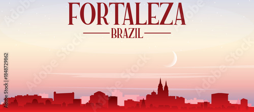 Red panoramic poster of the city skyline with misty background buildings, sunrise, moon and clouds of FORTALEZA, BRAZIL