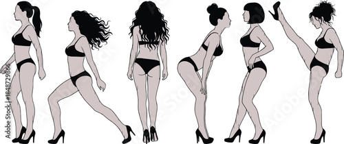 Female figure silhouette set, black underwear and heels, dynamic poses, diverse body types, black vector, isolated, stock illustration