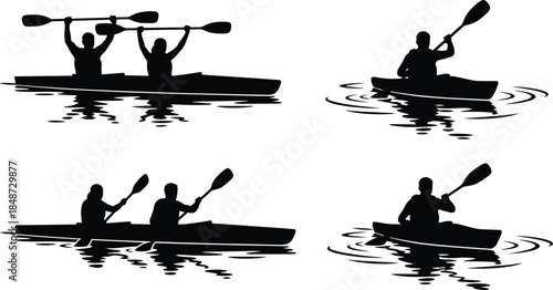 Kayaking silhouette set, tandem and solo paddlers, water ripples, black vector, isolated, stock illustration, outdoor sport icons