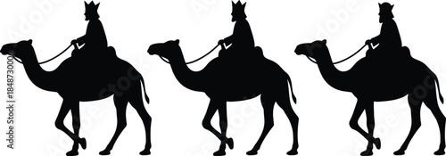 Three Kings on camels silhouette, biblical Magi procession, Christmas theme, black vector, isolated, stock illustration, religious tradition