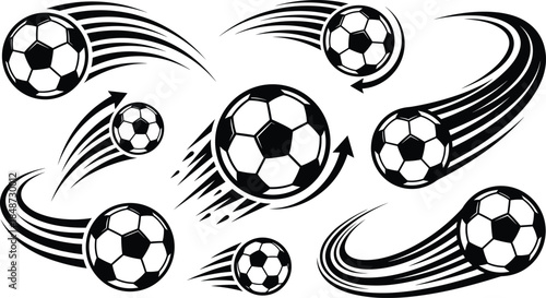 Soccer ball motion set, dynamic speed lines, curved arrows, black vector, isolated, stock illustration, sports energy icons