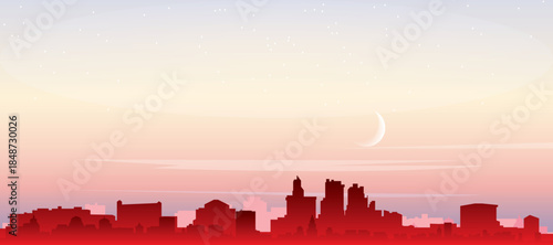 Red panoramic poster of the city skyline with misty background buildings, sunrise, moon and clouds of MANAUS, BRAZIL