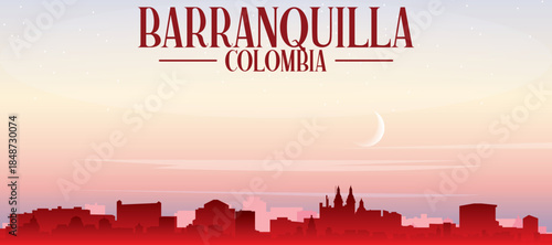 Red panoramic poster of the city skyline with misty background buildings, sunrise, moon and clouds of BARRANQUILLA, COLOMBIA