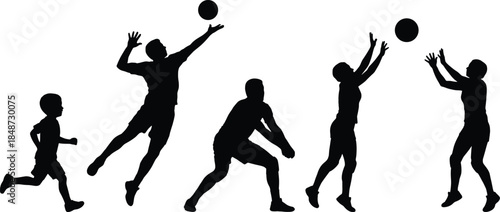 Volleyball silhouette set, dynamic player poses, jumping, digging, setting, black vector, isolated, stock illustration, sport motion