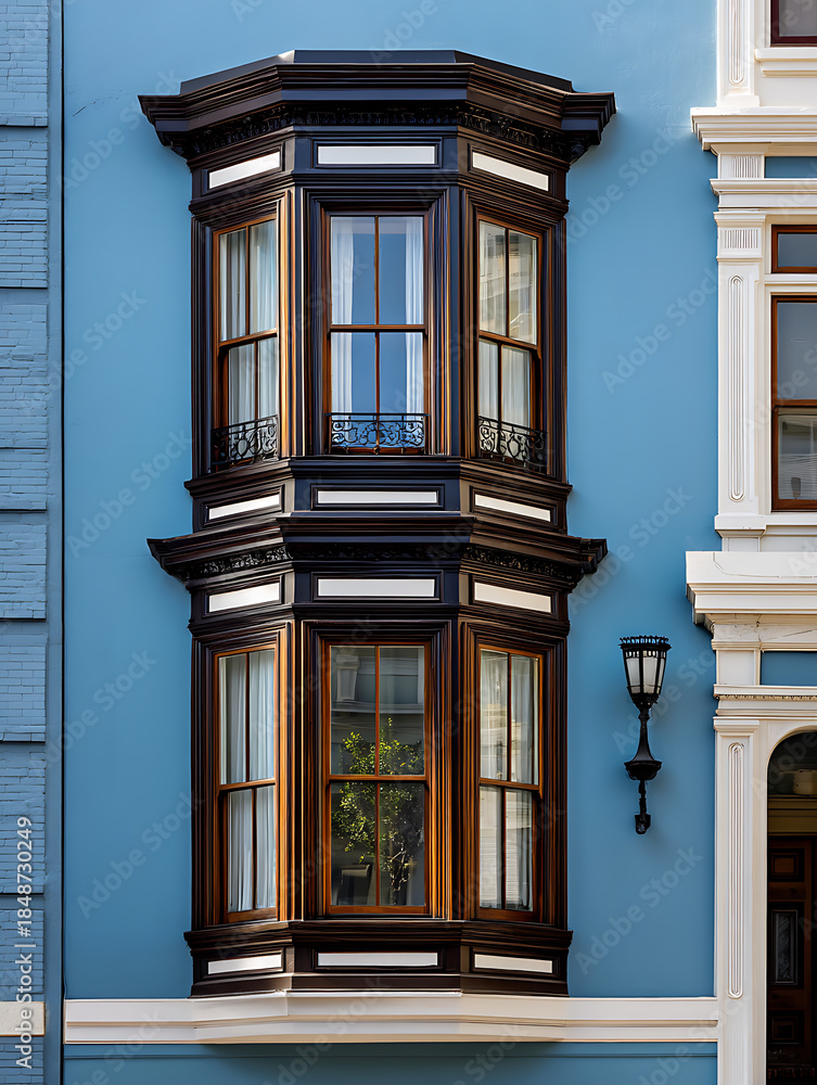 Fototapeta premium Real estate, city balcony, dark wood window frames