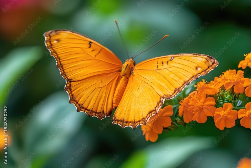 Obraz premium A vibrant orange butterfly with intricate black and white patterns on its wings is perched on a cluster of bright orange flowers, surrounded by lush green foliage.
