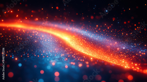Colorful abstract waves of light swirl together, creating a mesmerizing display of glowing particles in a dark setting