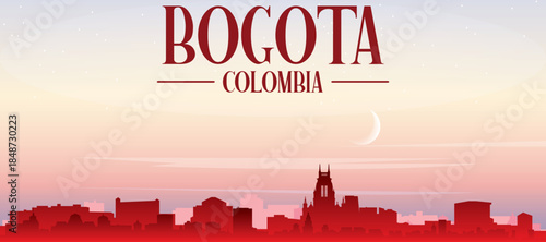 Red panoramic poster of the city skyline with misty background buildings, sunrise, moon and clouds of BOGOTA, COLOMBIA