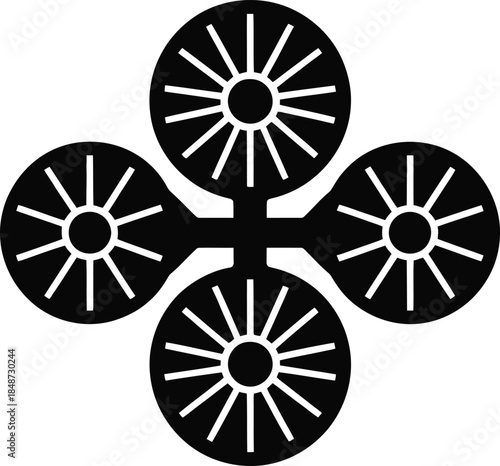 Solid black flat inertial navigation gyro array, 1 layer only, single shape, transparent background