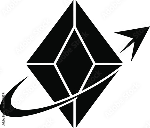 Solid black flat NV center diamond defect with one spin arrow, single filled shape, transparent background