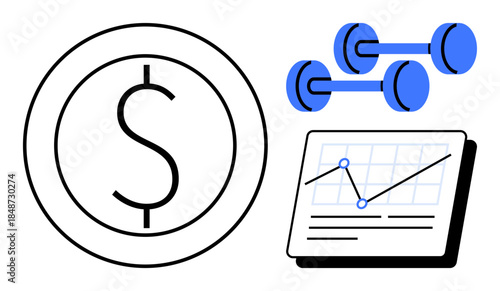 Dollar sign highlights financial planning, dumbbells symbolize health and fitness, chart shows progress or analysis. Ideal for finance, fitness, health, investment, progress tracking, analytics
