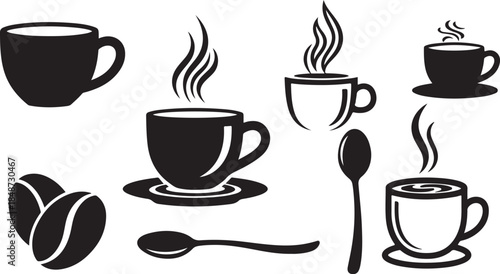 Collection of black and white coffee icons and beans