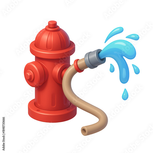 Cartoon red fire hydrant with hose spraying blue water droplets.