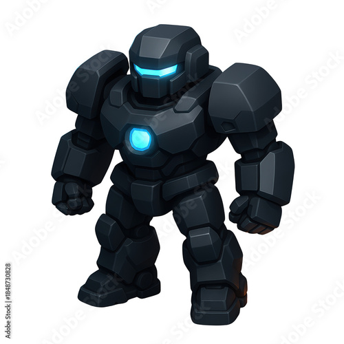 Futuristic armored robot mech with glowing blue energy core.
