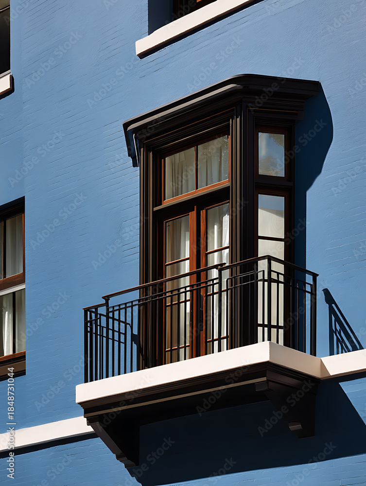 Fototapeta premium Close-up of Real estate, city balcony, dark wood window frames
