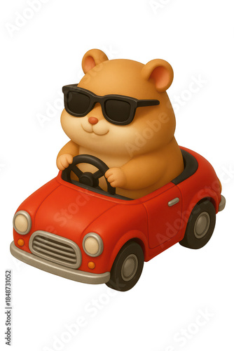 Cute cartoon hamster wearing sunglasses driving a red toy car on display.
