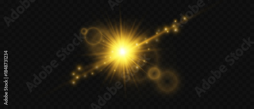 Golden yellow sun light explosion with lens flare effect on black background. Bright glow starburst illustration abstract graphic design element. Shiny glowing space sky summer background 