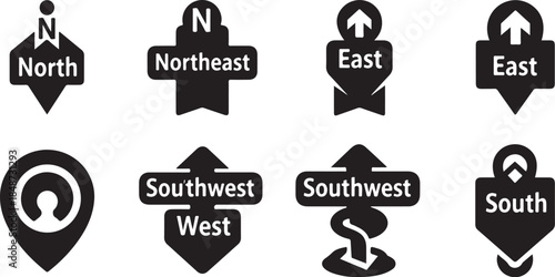 Eight black compass direction map pin icons