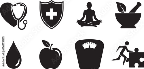 Eight black icons representing health and wellness concepts