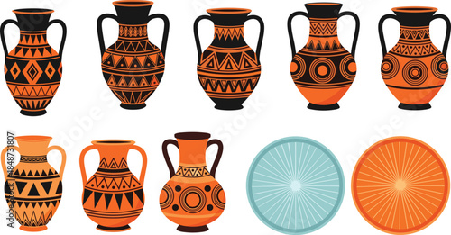 Stylized Greek vases with geometric patterns and citrus slice icons, cultural and modern fusion concept, flat vector illustration
