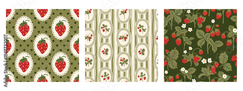 Vintage red green seamless pattern set strawberry polka dot print fabric wallpaper wrapping paper