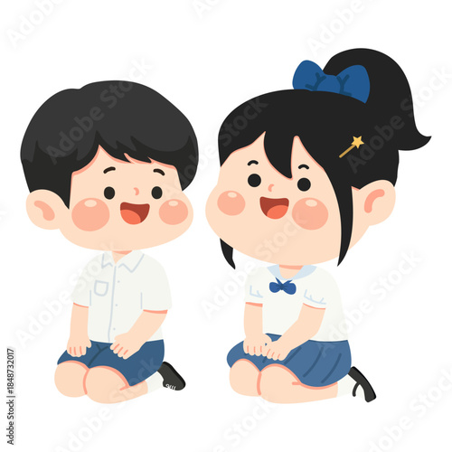 Cartoon Illustration of Students in School Uniform Kneeling and Talking