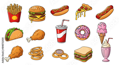 A set of vibrant cartoon illustrations depicting popular fast food items and snacks isolated on transparent background