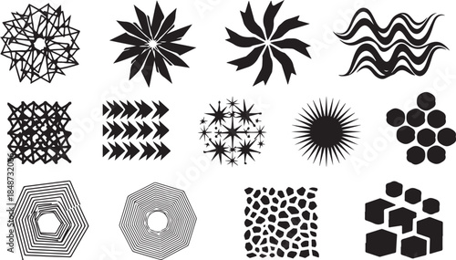 Twelve abstract black and white graphic design elements