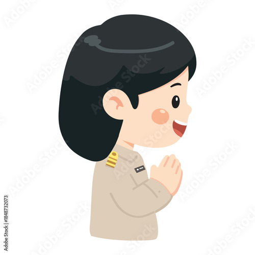 Illustration of Thai Female Government Officer Performing Respectful Greeting