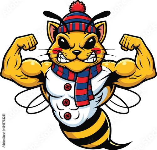 Cartoon bee hybrid in winter outfit flexing muscles, humorous mascot concept, flat vector illustration, white background