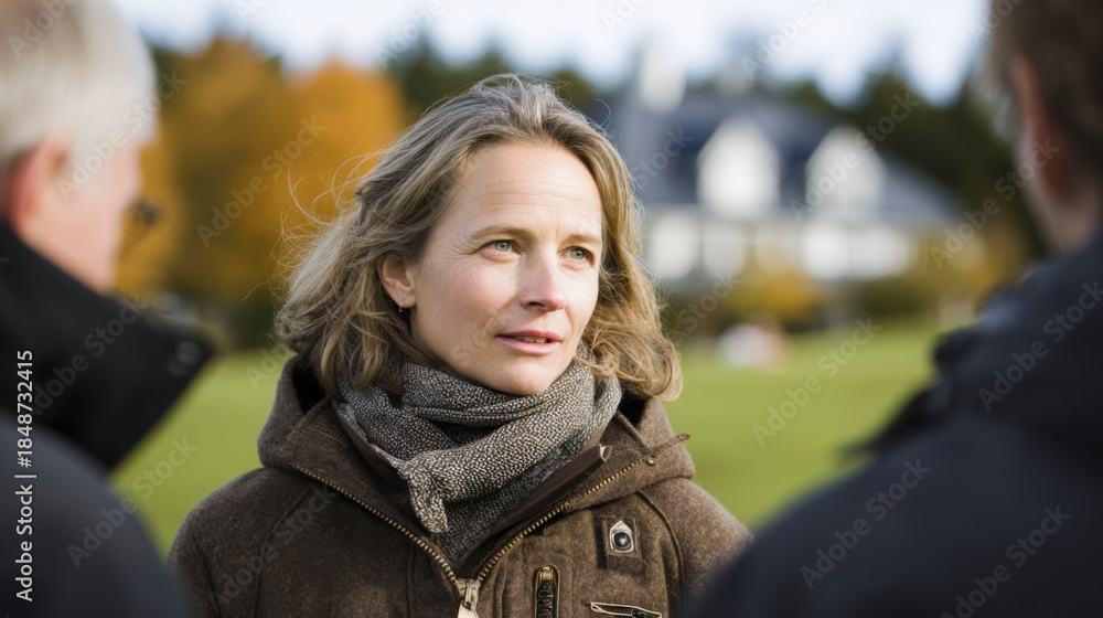 Fototapeta premium Medium shot of evaluator in ecofriendly attire discussing green property features with homeowners during sustainable real estate appraisal.