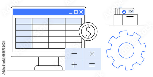 Financial management concept. Financial tools for budgeting, data entry, and CV storage. Financial planning and operational analytics. For accounting, HR workflows, business tools, data systems