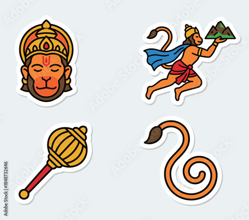 Hanuman vector icon set. Hindu monkey god character sticker collection. Lord Hanuman flying with mountain, holding gada mace, and tail. Ramayana mythology cartoon patch badge design.