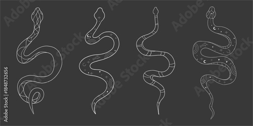Celestial silver kundalini snake magic line tattoo set. Boho mystic snake with moon stars. Black serpent silhouette.symbol of spiritual awakening, vitality and inner peace.