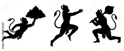 Flying Hanuman vector art bringing sanjeevani mountain powerful hindu god bajrangbali mythological character from ramayana epic isolated on white background for poster