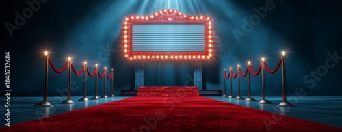 Movie theater marquee with blank sign mockup above red carpet surrounded by velvet ropes illuminated by bright lights  