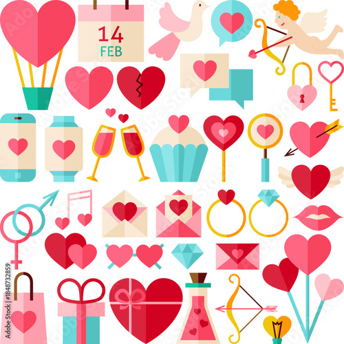 Valentine's Day Icon Assortment: A delightful array of symbols of love and romance, including hearts, cupid, and gifts, perfect for expressing affection and celebrating the holiday.