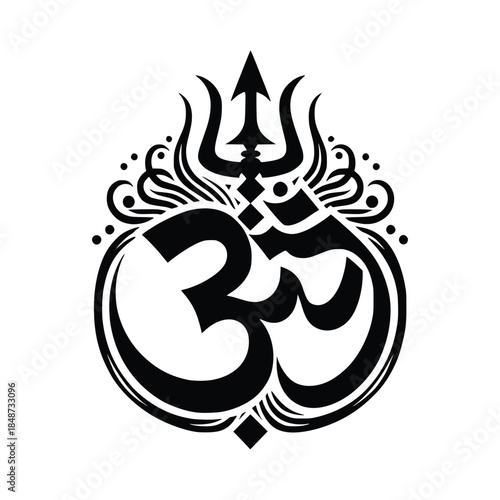 Om Symbol with Trishula Black Silhouette Hindu Spiritual Icon
