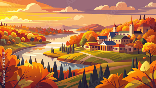 Very beautiful golden hour illustration of Prairie du Chien, Wisconsin, showcasing vibrant fall foliage, glowing trees, prairie landscape, and the Wisconsin River bathed in warm seasonal light.