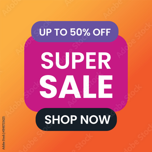 Vibrant Super Sale Shop Now Banner with Up to 50% Off Discount Promotion