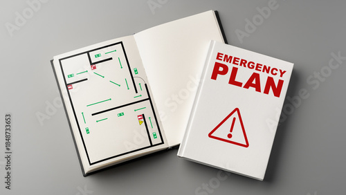 Emergency plan book showing safety map and guidelines for crisis situations