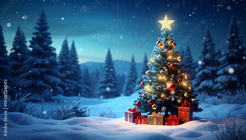 Obraz premium christmas tree with gifts in the night with Gift boxes in forest snow 