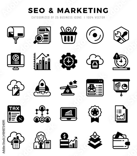 SEO & Marketing Lineal Filled icons collection. 25 icon set. Vector illustration.