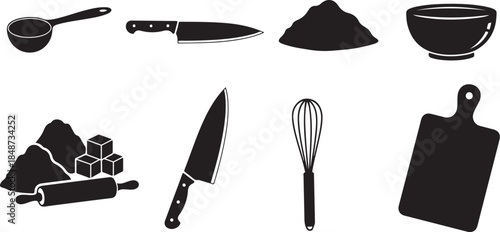 Baking and cooking utensil icons set black silhouette