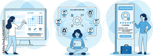Project management and collaboration platform concept with scheduling dashboard, teamwork hub, profile overview, performance ratings, digital workflow illustration