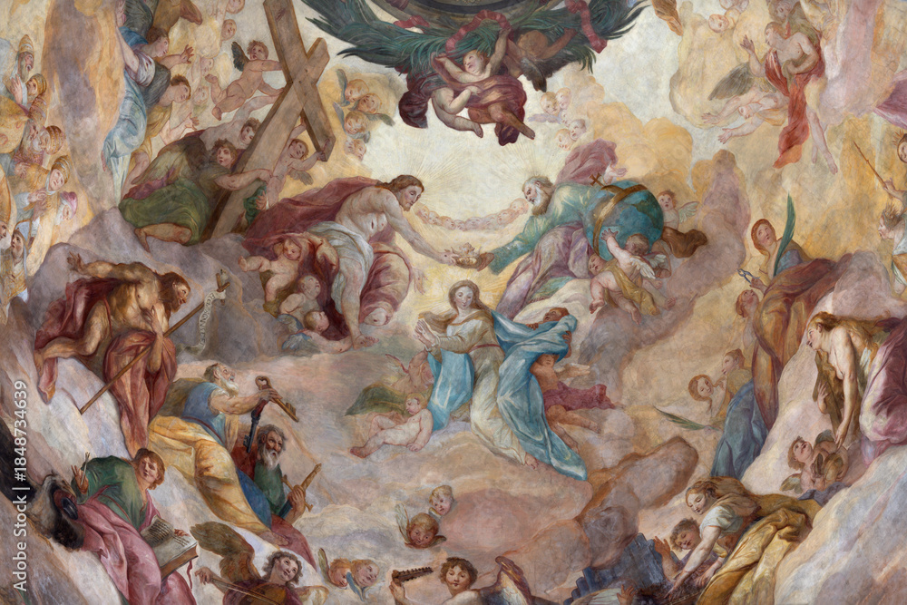 Fototapeta premium SALZBURG, AUSTIRA - SEPTEMBER 7, 2025: The Coronation of Virign Mary in the cupola of church Dreifaltigkeitskirche (Holy Trinity) by Johann Michael Rottmayr (1679 - 1700).