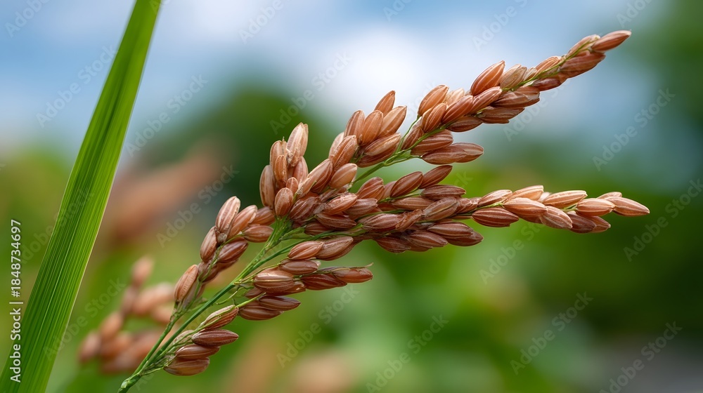 Naklejka premium Close up of a ripening rice stalk with brown grains against a blurred natural background